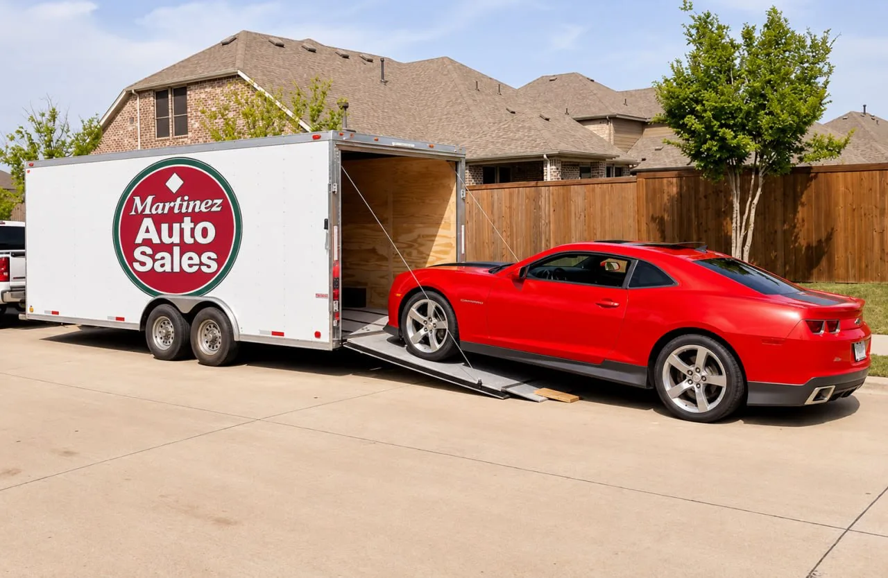 A red Chevrolet Camaro rolling off a K & J Truck & Auto Sales enclosed trailer outside a customer's home